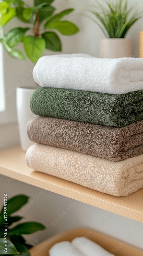 Poster softly stacked towels create an inviting atmosphere in a cozy, sunlit bathroom adorned with lush gre