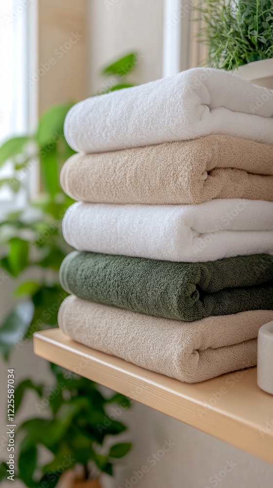 Poster softly arranged towels create a calming atmosphere in a serene, green-filled interior space during d