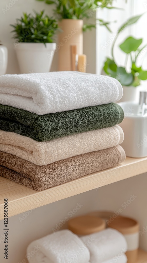 Poster luxurious towels neatly stacked on a warm wooden shelf in a serene bathroom setting with plants and 