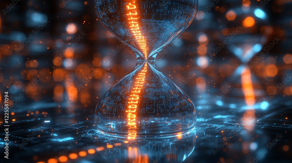 Poster futuristic hourglass filled with glowing data streams illuminates a digital landscape at twilight