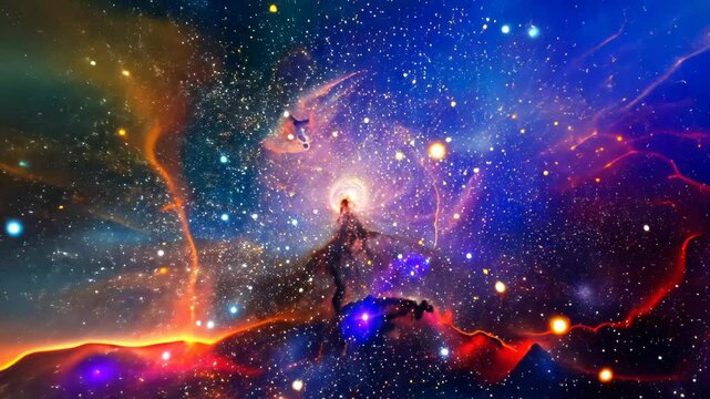 A colorful nebula fills the night sky, showcasing vibrant hues of blue, orange, and pink, interspersed with countless bright stars and celestial wonders.