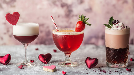 Romantic Valentine's Day Cocktails with Heart Decorations, Berries, and Creamy Foam in Elegant Glasses on a Festive Background