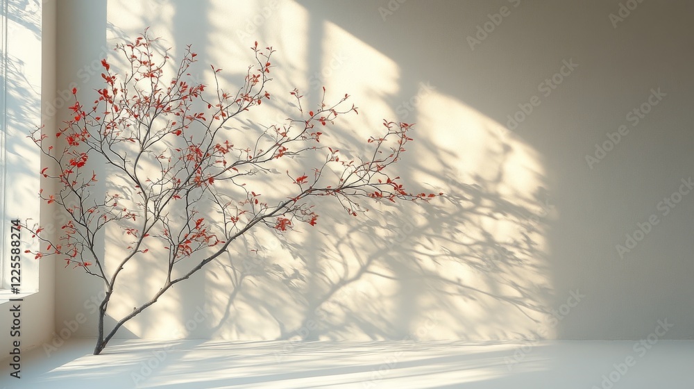 Poster Branch adorned with delicate blossoms casts intricate shadows on a serene, sunlit wall, creating a tranquil atmosphere in a minimalist space