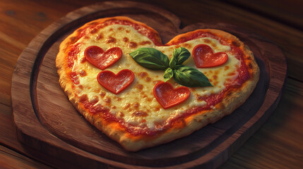 Heart-Shaped Valentine’s Pizza with Mozzarella, Tomato Sauce, Heart Pepperoni, and Fresh Basil on Rustic Wooden Board