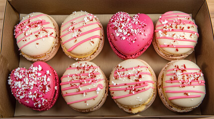 Assorted heart-themed macarons decorated for Valentine's Day