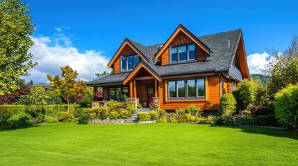 Obraz premium A beautiful home in the Pacific Northwest style, featuring a modern and classic blend. The exterior walls are a dark gray, with light brown wood accents on the windows and doors. 