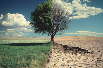 A photo of a tree depicting environmental contrast with one side lush and green and the other barren and desolate