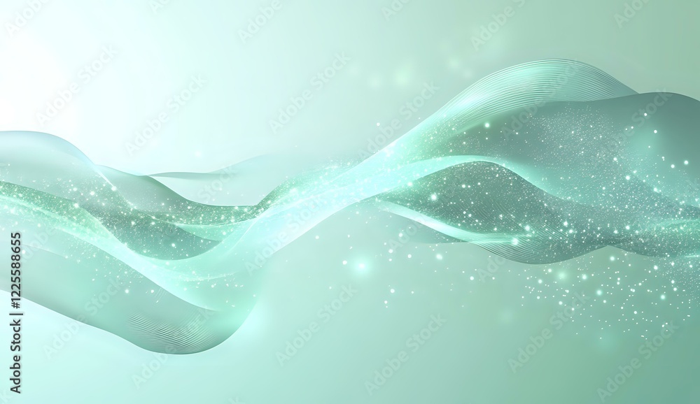 Poster flowing mint green waves with sparkling particles create ethereal abstract background for wellness, 