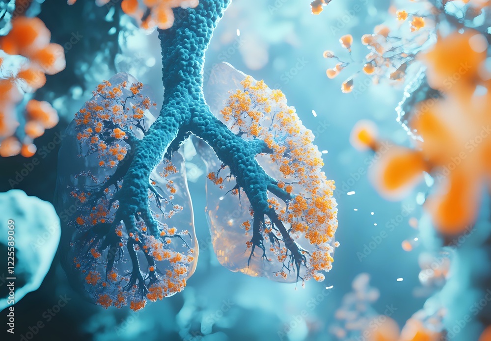 Poster microscopic view of respiratory system with orange viral particles surrounding blue bronchial tree s