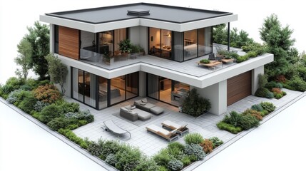 Fototapeta premium Spacious modern home with lush greenery and large pool. Generative AI