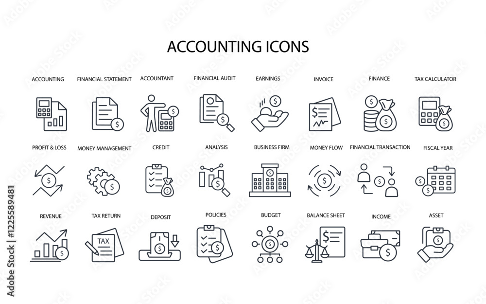 Poster accounting icon set.vector.editable stroke.linear style sign for use web design,logo.symbol illustra