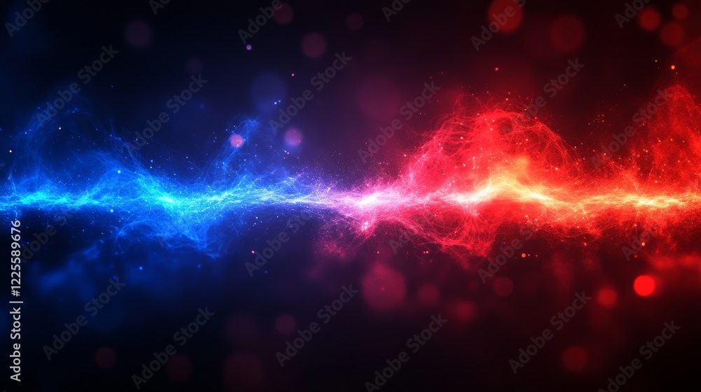 Poster Vibrant energy waves collide in a cosmic dance of red and blue hues, illuminating the dark expanse of space in a mesmerizing display of light and color
