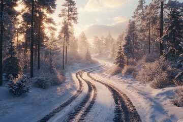 Obraz premium Winter road winding through a snow-covered forest during golden hour with soft sunlight streaming through tall trees