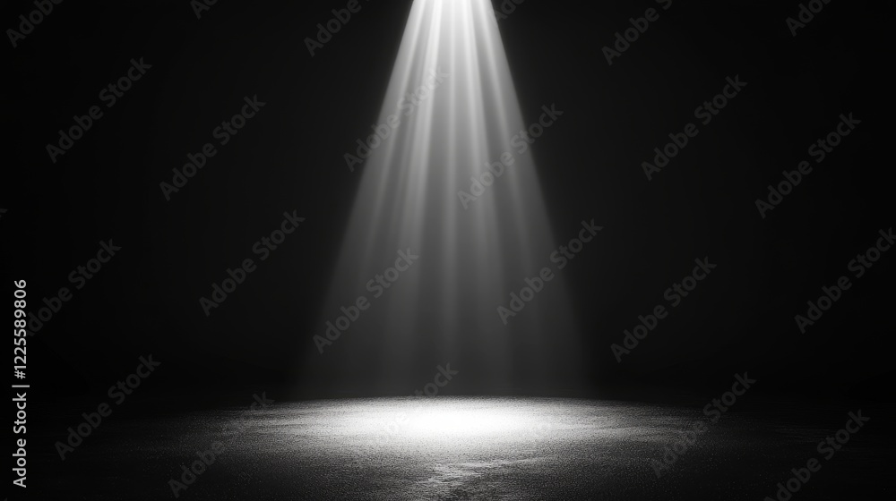Poster bright spotlight illuminates a dark stage, casting ethereal beams and creating an atmosphere of anti