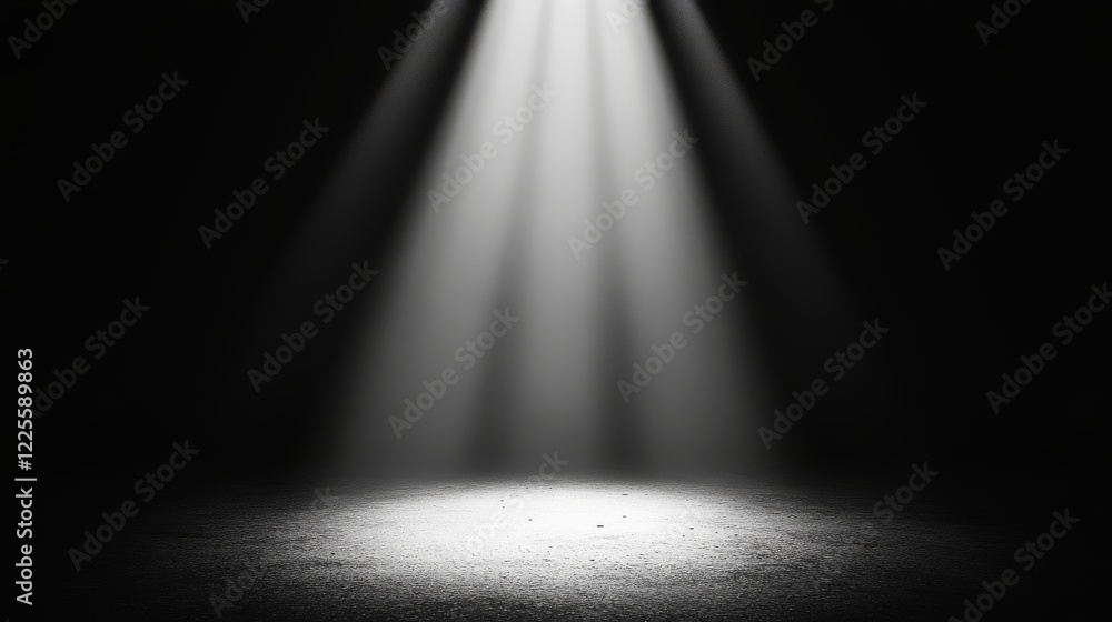 Poster Mysterious spotlight illuminates an empty stage during a dramatic performance, creating an atmosphere of anticipation and intrigue during a late evening