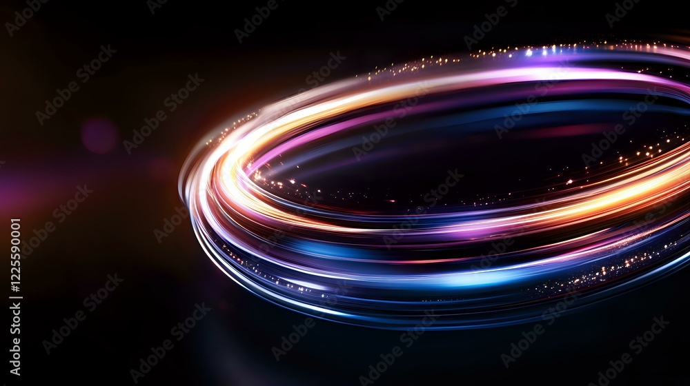 Poster glowing spiral light trails with blue, orange and purple colors swirling in dark background creating