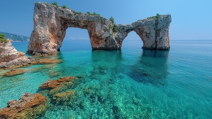 Coastal rock arch, turquoise water, sunny day, idyllic beach scene, travel poster