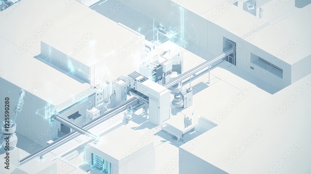 Poster futuristic automated manufacturing facility with robotic arms and digital interfaces in action