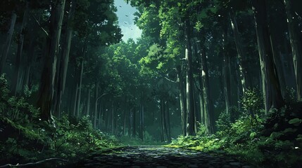Fototapeta premium A dark and foggy forest at night, with gnarled trees reaching towards the sky. 