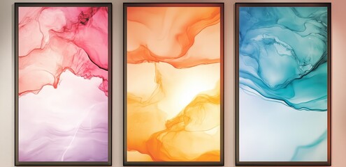 Abstract Triptych:  A captivating triptych of abstract art featuring vibrant gradients of pink, orange, and teal, creating a harmonious blend of color and fluid motion.