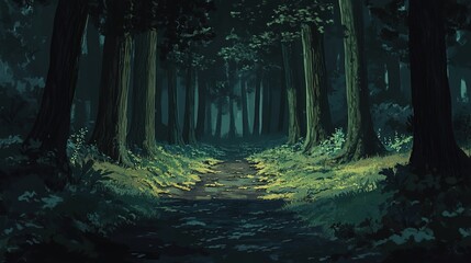 Obraz premium A dark forest road, with tall trees on both sides, a mossy ground, and dark green leaves, creates an eerie, cinematic atmosphere.