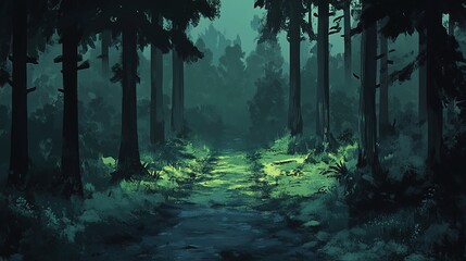 Fototapeta premium A dark forest road, with tall trees on both sides, a mossy ground, and dark green leaves, creates an eerie, cinematic atmosphere.