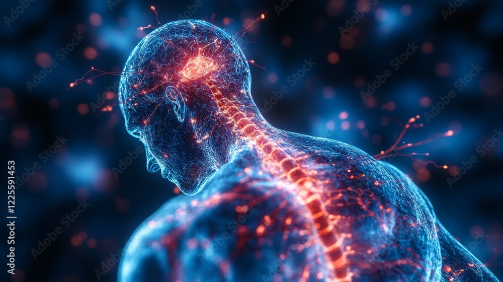 Poster visual representation of a human figure showcasing the nervous system illuminated in vibrant blue an