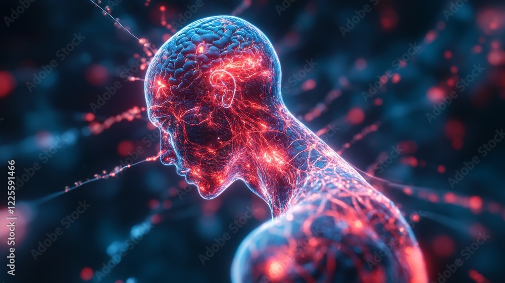 Aufkleber exploring the intricate connections of a luminous mind surrounded by vibrant neural pathways in a fu