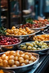 Obraz premium A photo of a buffet with various colored vegetables in metal bowls, and several plates stacked with potatoes. 