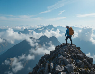 A mountaineer stands triumphantly on a rocky peak, gazing at the expansive mountain range and fluffy clouds below. The sun shines brightly, enhancing the breathtaking view