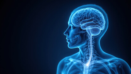 VNS, vagus nerve stimulation illustrated using medical imaging of a human head with highlighted brain and neck structure.