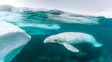 Graceful Beluga Whale Swimming in Pristine Icy Blue Ocean Waters