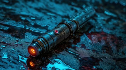 Fototapeta premium A Star Wars light saber lying on a reflective wet surface, showcasing its futuristic design and vibrant color in a dimly lit room a star wars light saber on a wet surface
