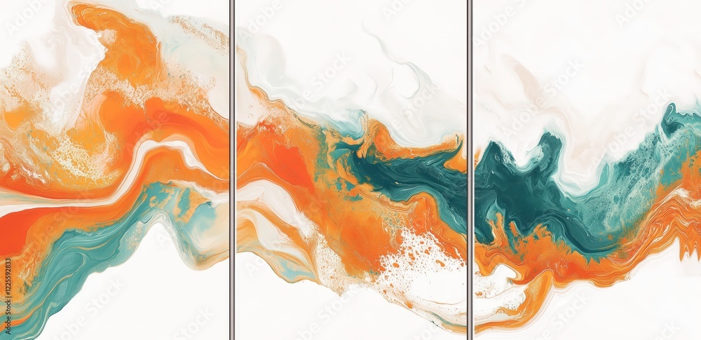 Poster abstract triptych: teal and orange flow: a captivating abstract triptych showcasing a mesmerizing bl