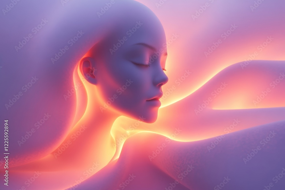 Poster abstract figure emerging from a soft, glowing backdrop in a surreal artistic composition