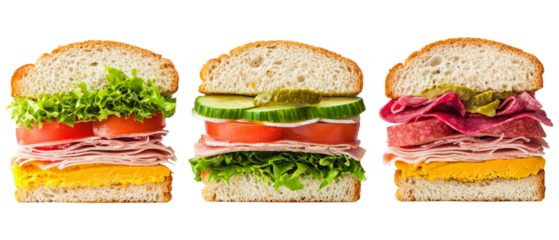 Crisp and detailed photo of three different sandwiches with fresh ingredients