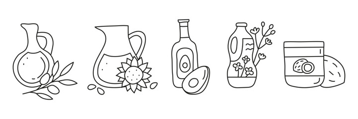 Doodle outline cooking oil in glass and plastic packages isolated on white background. Sunflower, olive, rapeseed, coconut, avocado oil bottles. Healthy nutrition concept. Vegetable fats.