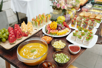 High angle view of dining table serving with various dishes during banquet