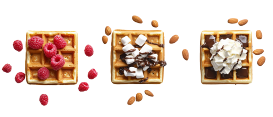 Delicious waffles topped with raspberries, chocolate, and cream