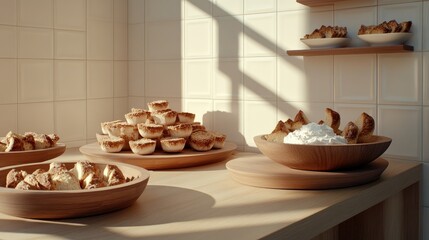 Cream cheese is spread on bread slices, beautifully arranged with cookies and fresh leaves, creating a cozy and inviting atmosphere.