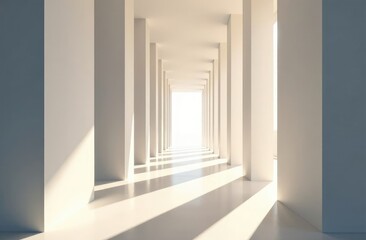 Obraz premium The sunlight shines through columns in a long and white corridor 