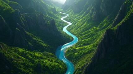Aerial View of Serpentine River in Lush Green Canyon, Nature Landscape Photography, River Valley, Drone Shot River, Canyon