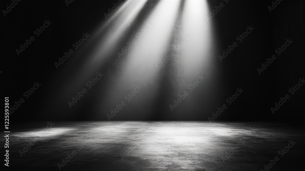 Poster spotlights illuminate a stage in a dimly lit theater, creating a dramatic atmosphere for an upcoming