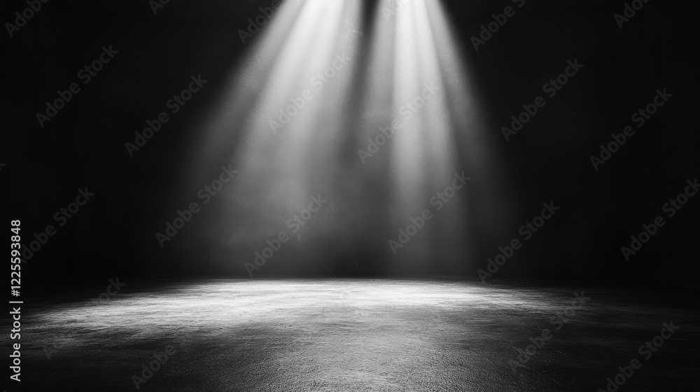 Poster Stage illuminated by dramatic beams, creating an atmosphere of anticipation and creativity in an empty performance space