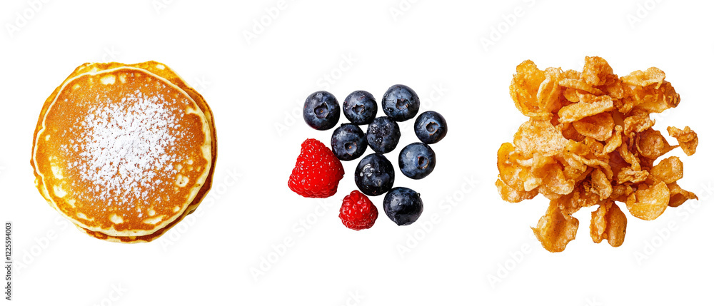 Poster fluffy pancakes with berries and crispy cereal on transparency background