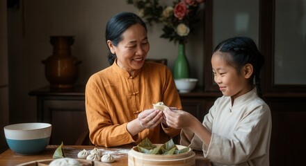 Asian female adult and child making traditional dumplings in a warm kitchen