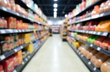 Fototapeta premium Supermarket aisle and shelves blurred background 