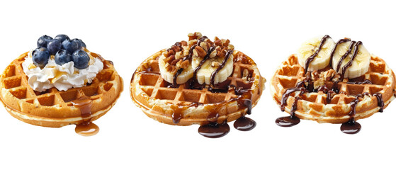 Delicious waffles topped with fruits, nuts, and syrup