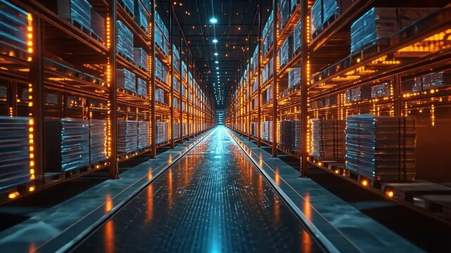 Cyberpunk Warehouse: A futuristic warehouse interior, glowing with neon lights and filled with rows of neatly stacked crates. The reflective floor creates a sense of depth and mystery.