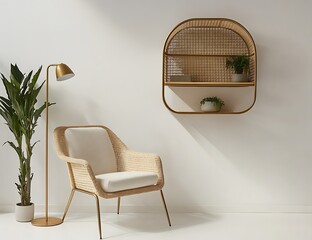 Scandinavian home interior mockup with armchair, shelf on white wall, white floor, golden lamp stand, and a small green plant in a pot